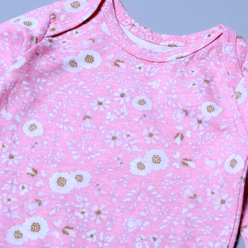 PINK FLOWERS PRINT COTTON JERSY FABRIC HALF BODY FULL SLEEVES ROMPER